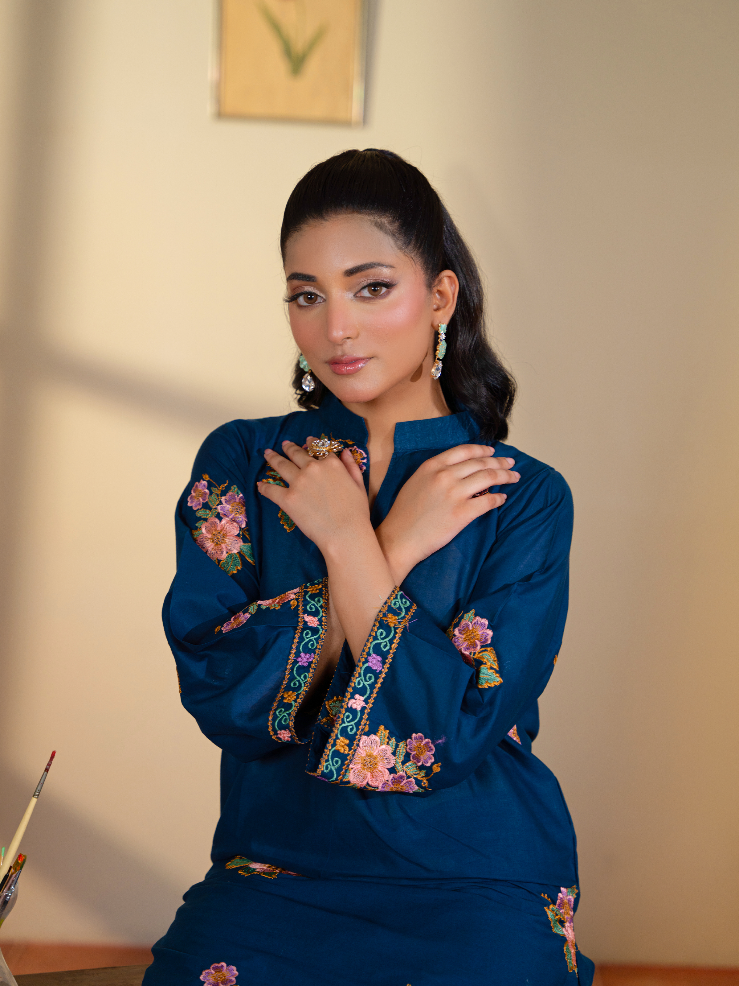 Navy Blue Floral Embroidered Lawn 3 Piece Suit with Light Pink Dupatta | Kahani 47