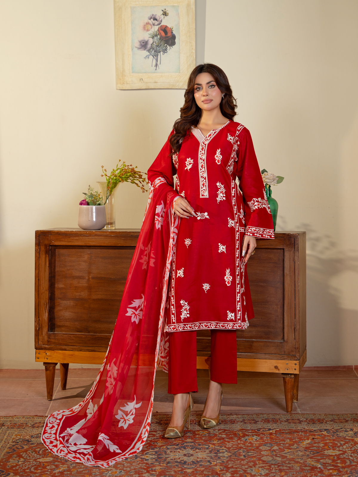 Red Embroidered Lawn Suit with Floral Dupatta – Kahani47