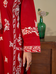 Red Embroidered Lawn Suit with Floral Dupatta – Kahani47