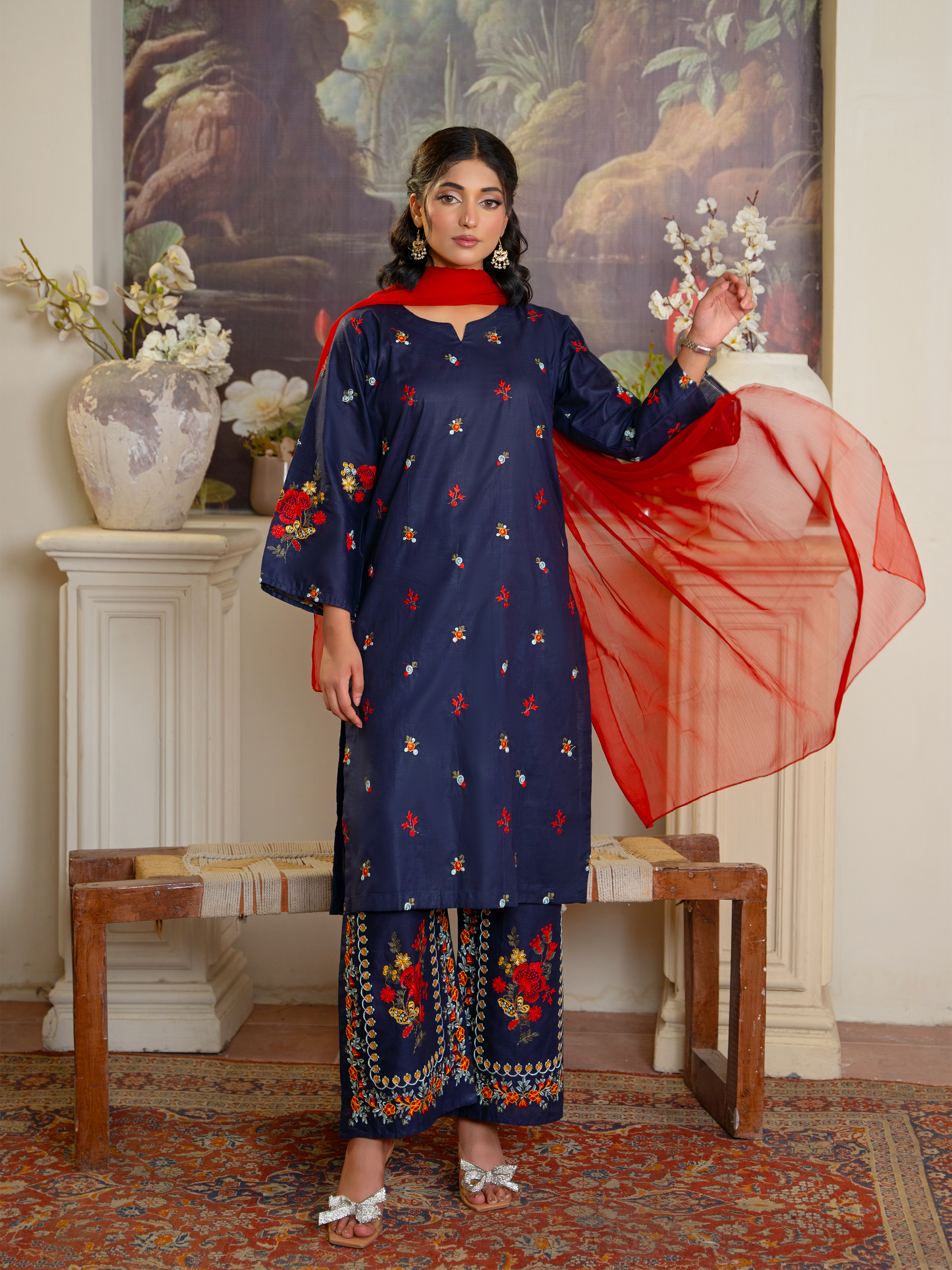 Embroidered Navy 3-Piece Suit with Red Detail – Kahani 47