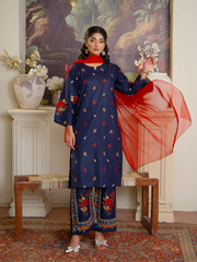 Embroidered Navy 3-Piece Suit with Red Detail – Kahani 47