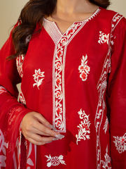 Red Embroidered Lawn Suit with Floral Dupatta – Kahani47