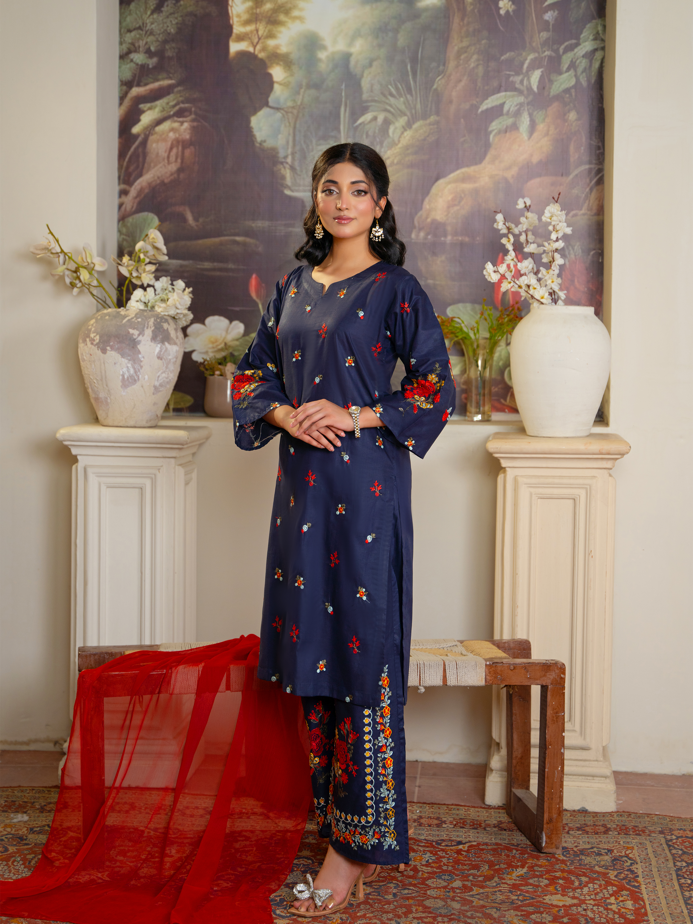 Embroidered Navy 3-Piece Suit with Red Detail – Kahani 47