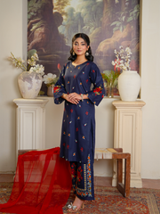 Embroidered Navy 3-Piece Suit with Red Detail – Kahani 47