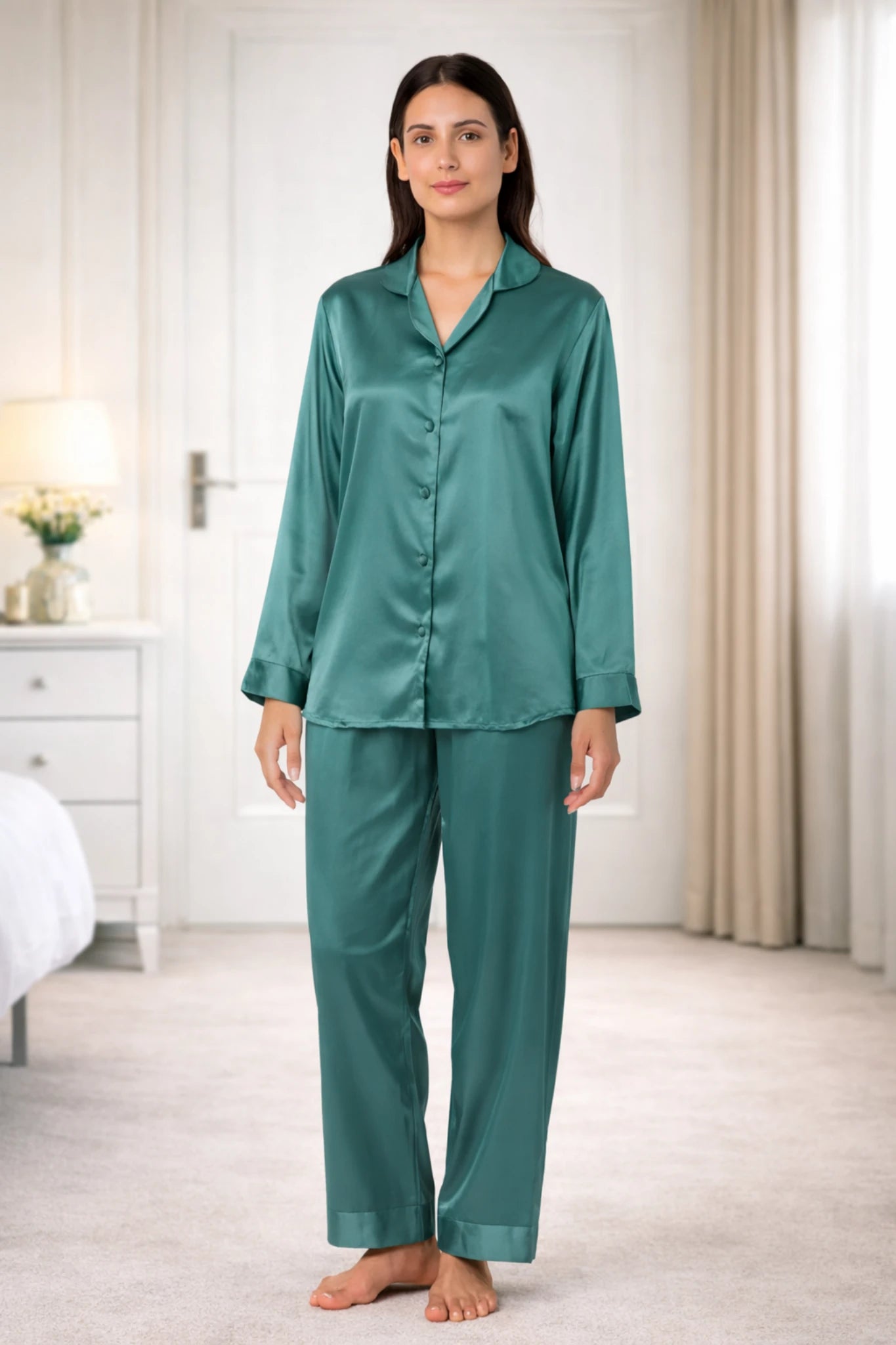 Women’s Silk Night Suit – Full Sleeves & Trouser Set