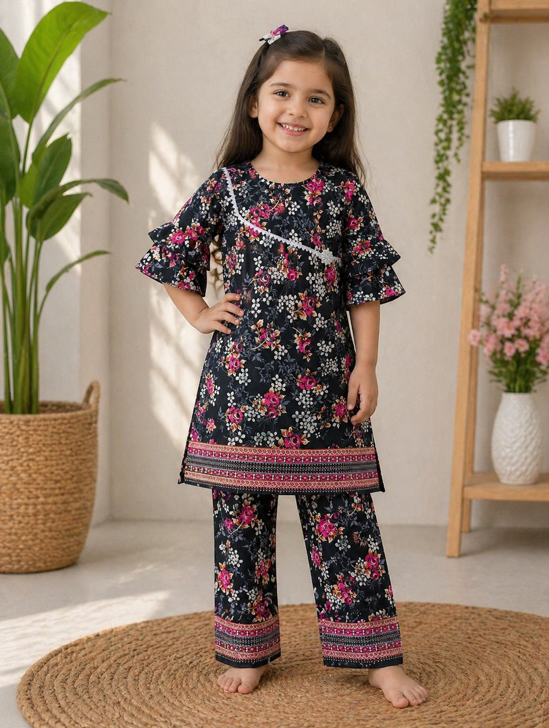 Kids Girls Pink Flower Print Suit
