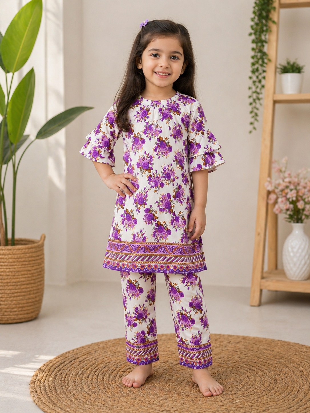 Kids Girls Pink Flower Print Suit