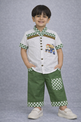 Boys Teddy Patch Shirt & Red Check Shorts Set