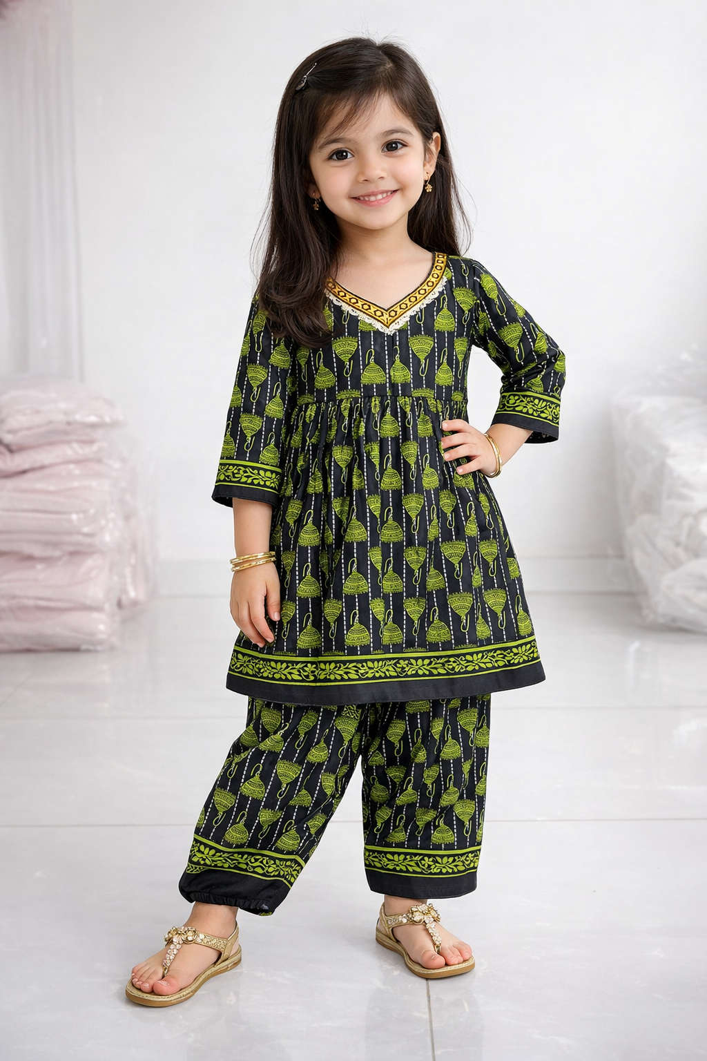 Kids Traditional Printed Kurti Trouser Set