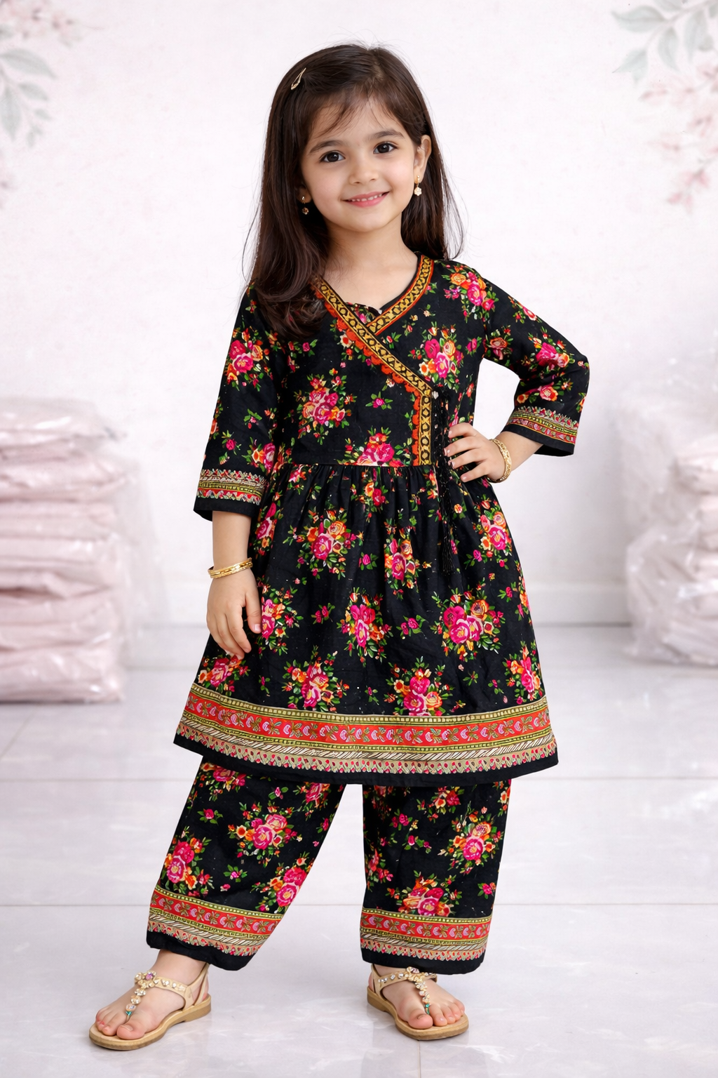 Kids Traditional Printed Kurti Trouser Set