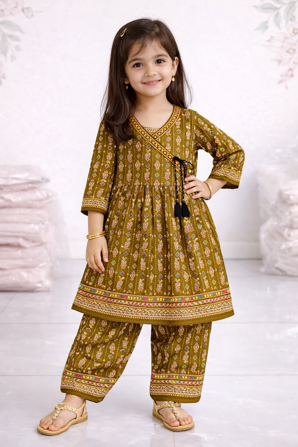 Kids Traditional Printed Kurti Trouser Set