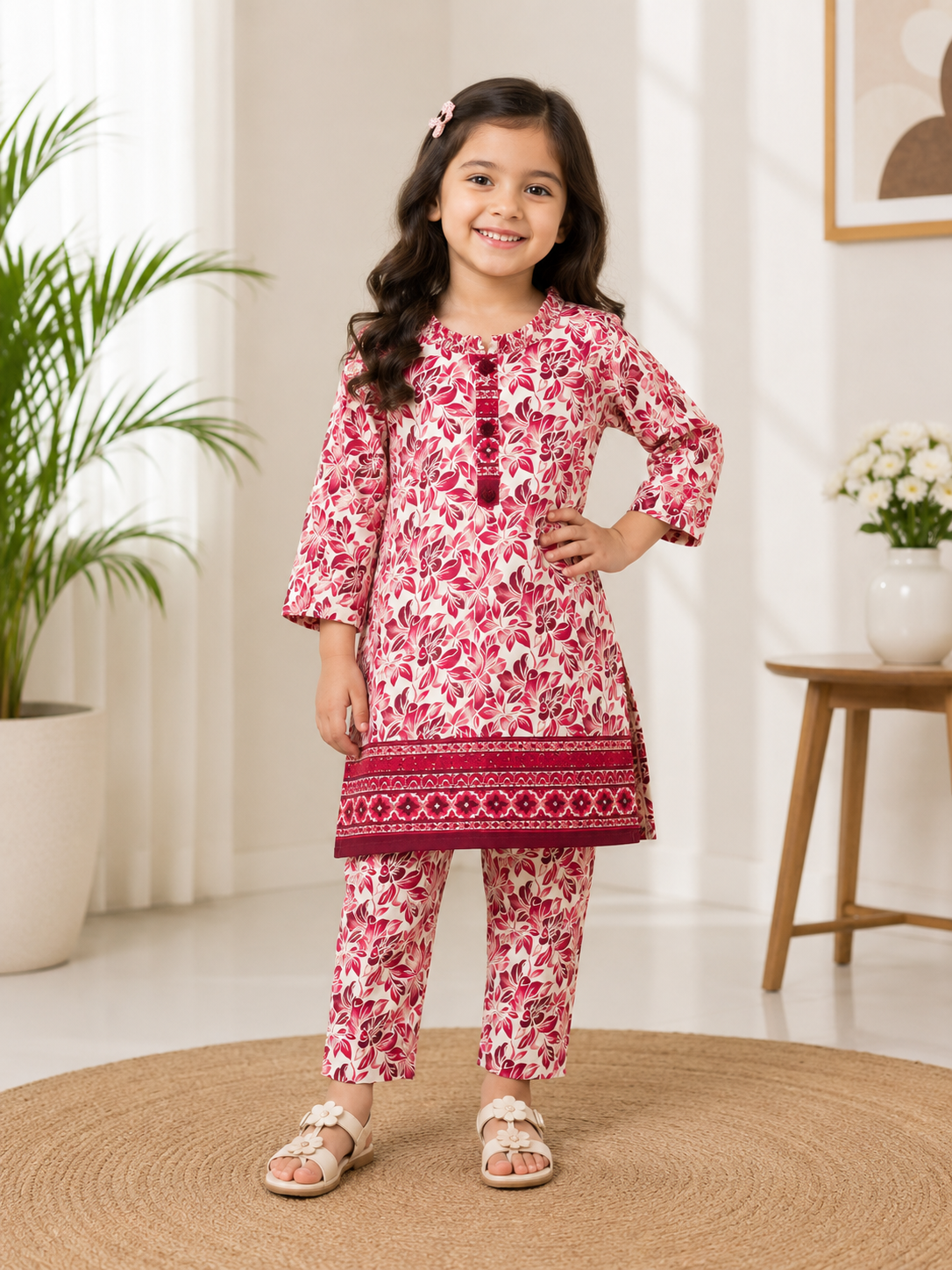 Kids Girls Pink Flower Print Suit