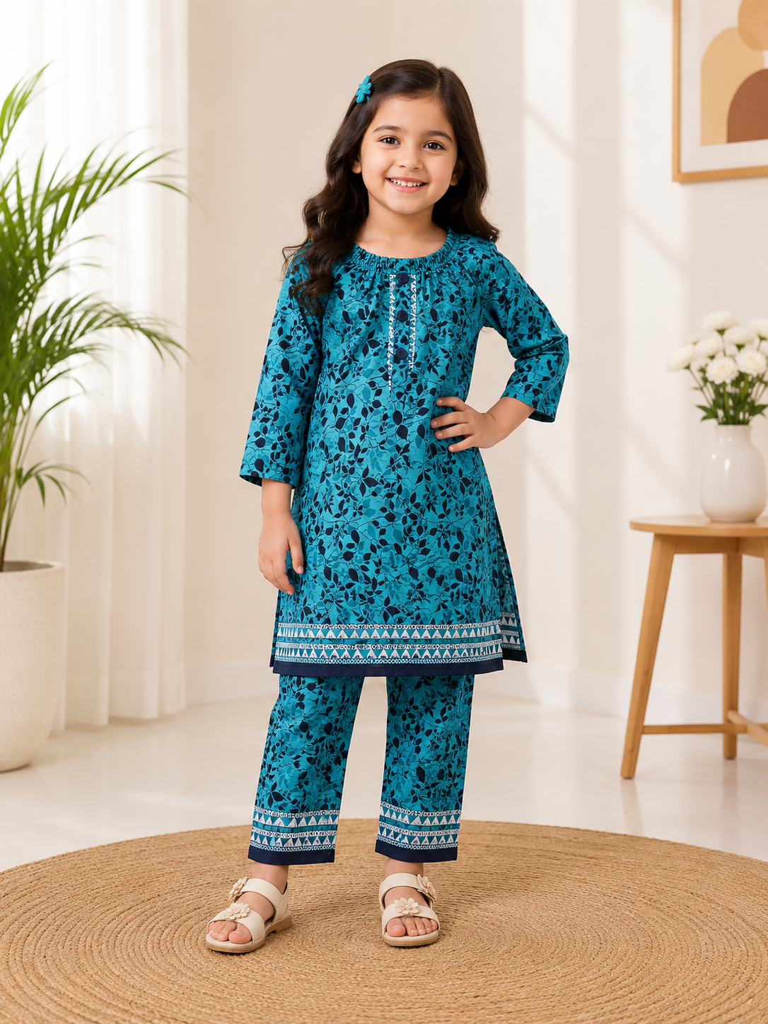 Kids Girls Pink Flower Print Suit