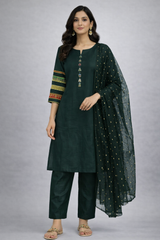 3 Pcs suit with multicoloured sequenced laces on sleeves and chiffon duppatta