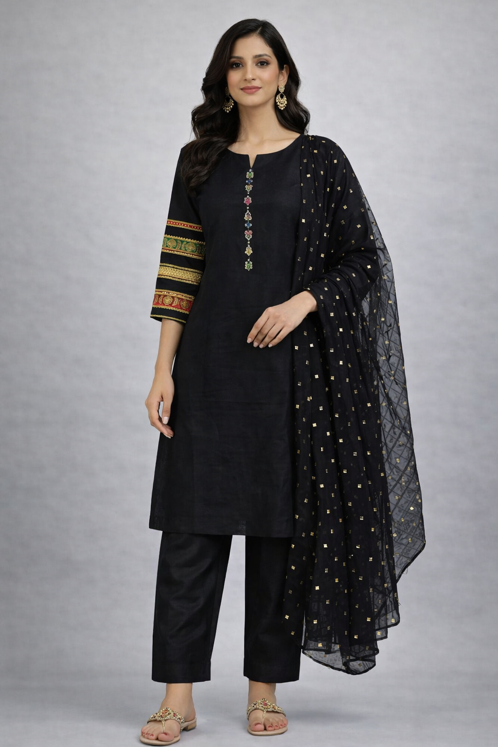 3 Pcs suit with multicoloured sequenced laces on sleeves and chiffon duppatta