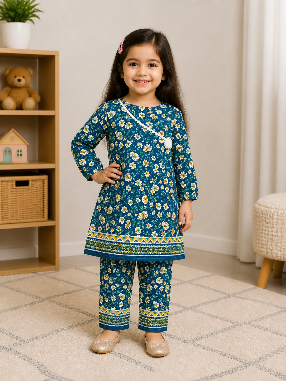 Kids Girls Pink Flower Print Suit