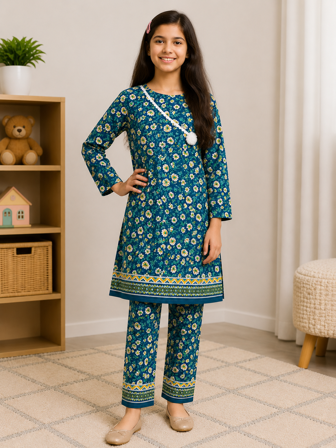 Kids Girls Pink Flower Print Suit