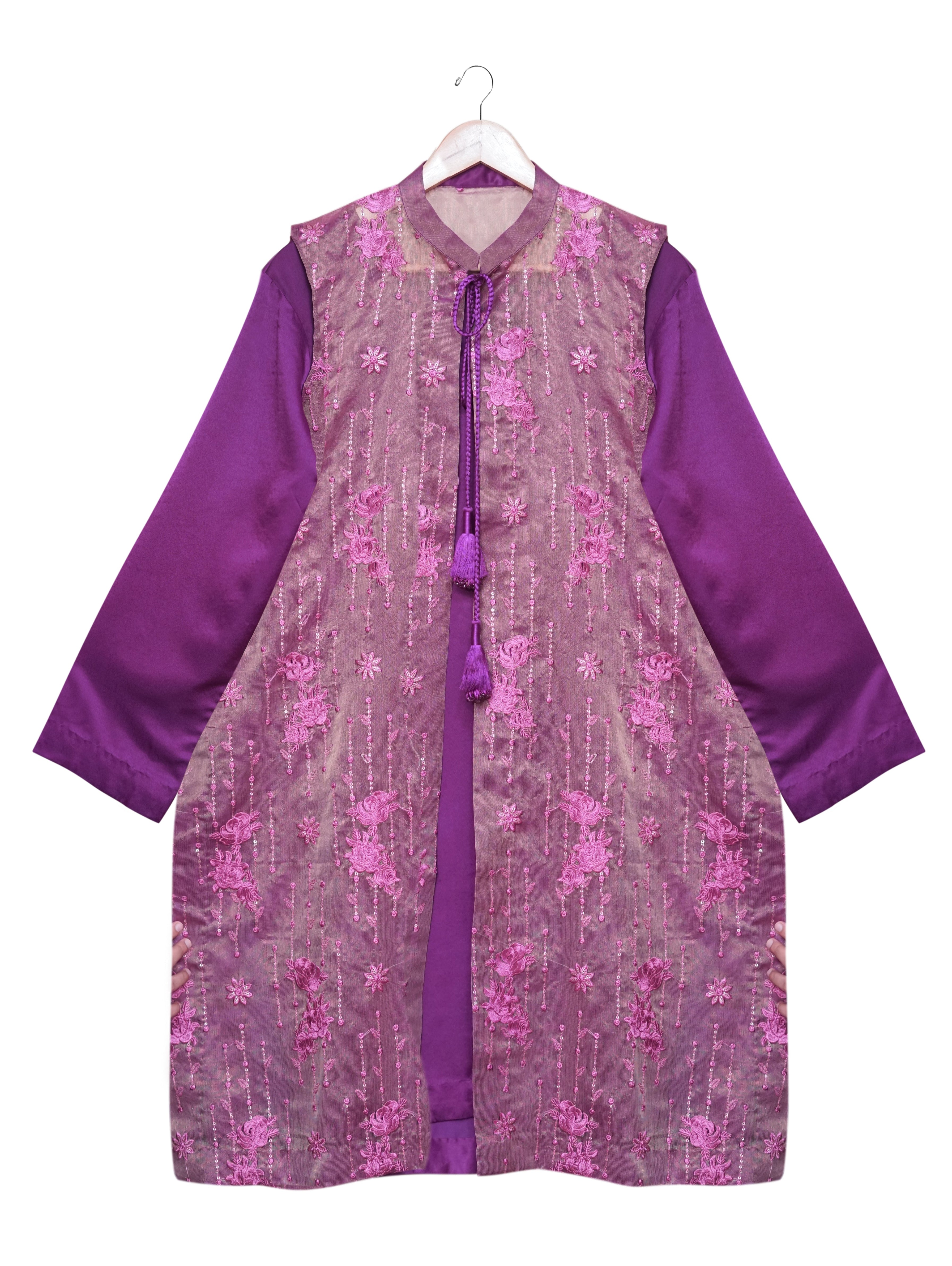 3-Piece Open Shirt Frock Set – Dark Purple Elegance - Brands Kahani
