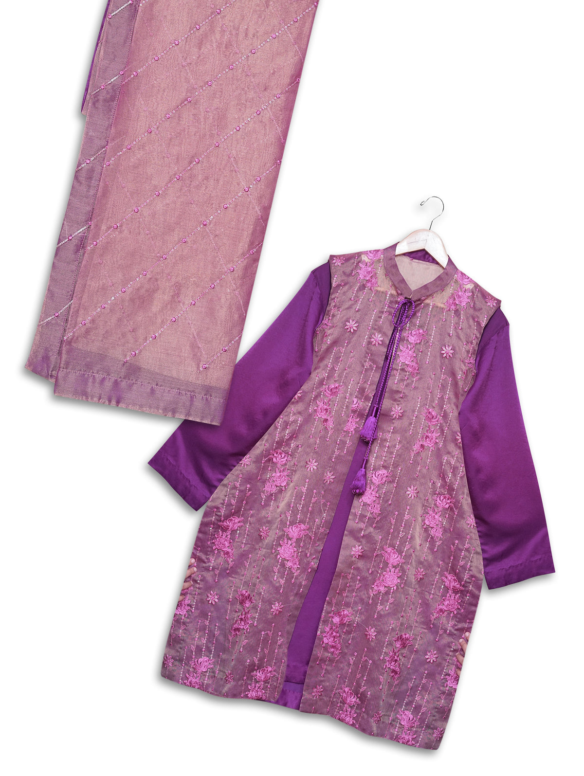 3-Piece Open Shirt Frock Set – Dark Purple Elegance - Brands Kahani