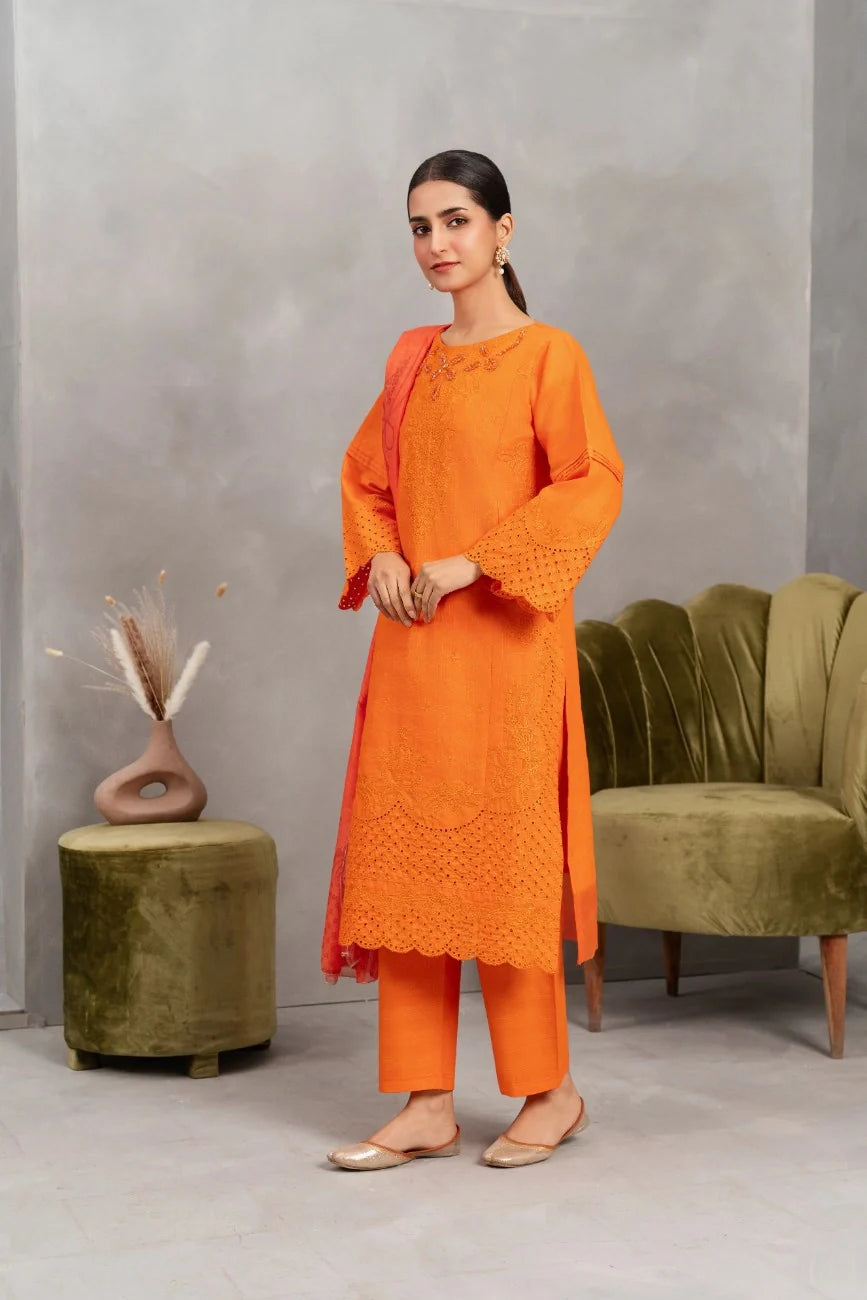 Elegant Orange Dobby Cotton 3-Piece Kurta Set - Attirepret - Brands Kahani