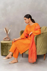 Elegant Orange Dobby Cotton 3-Piece Kurta Set - Attirepret