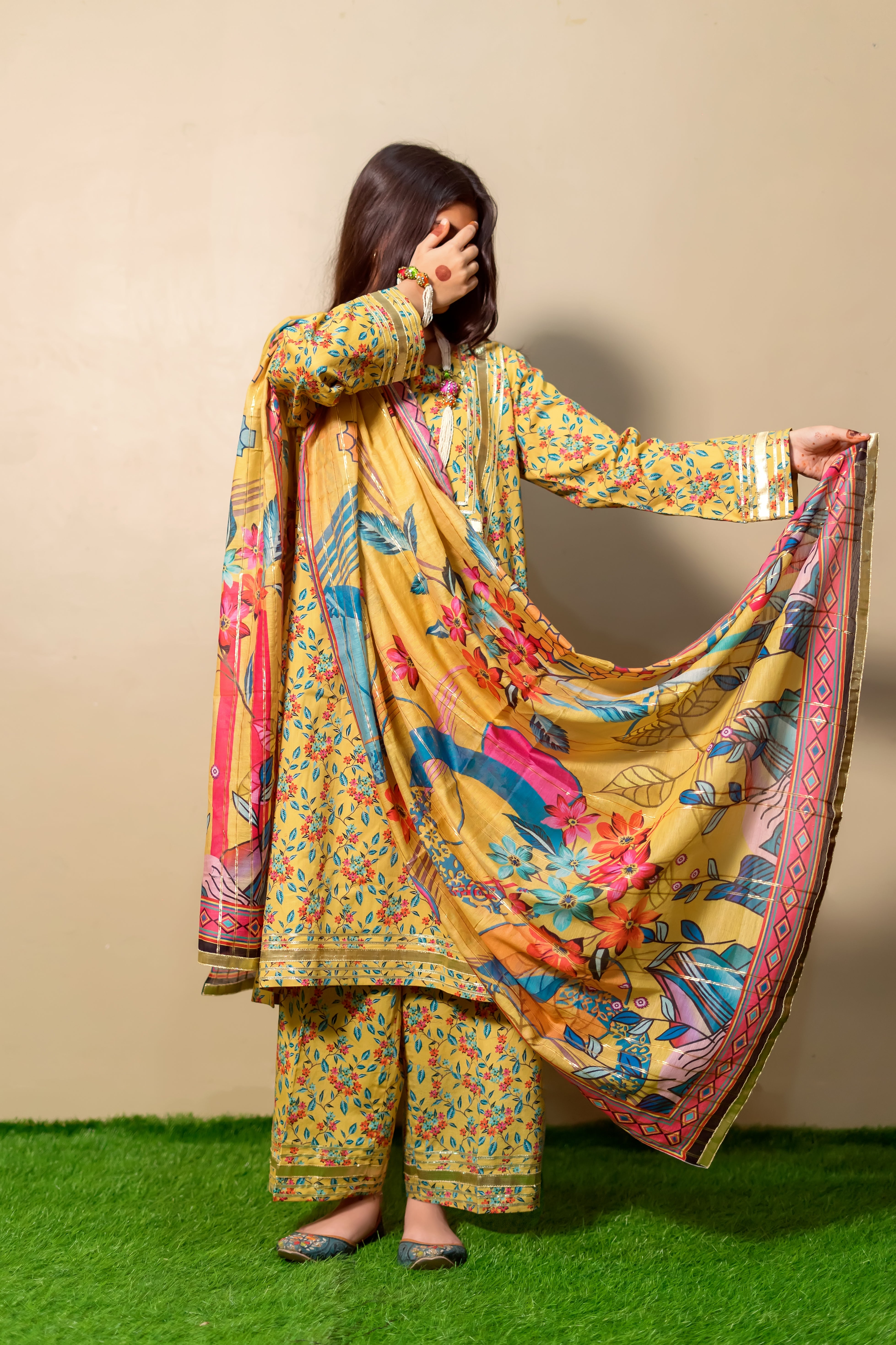 Mustard Floral Printed 3-Piece Lawn Suit – Festive Edition - Brands Kahani