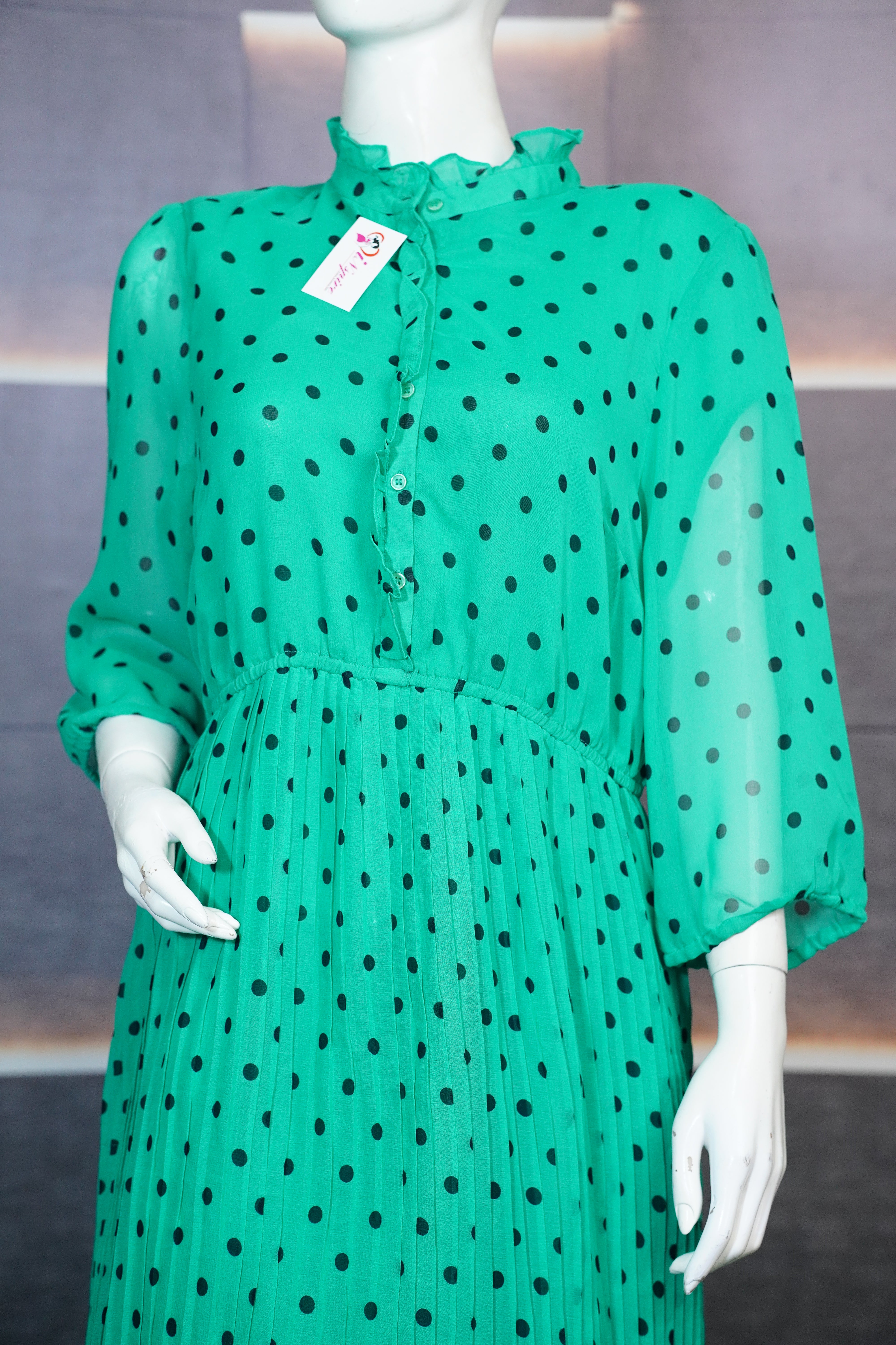 Green Georgette Polka Dot Maxi Dress – Wear Maxi for Women in Pakistan