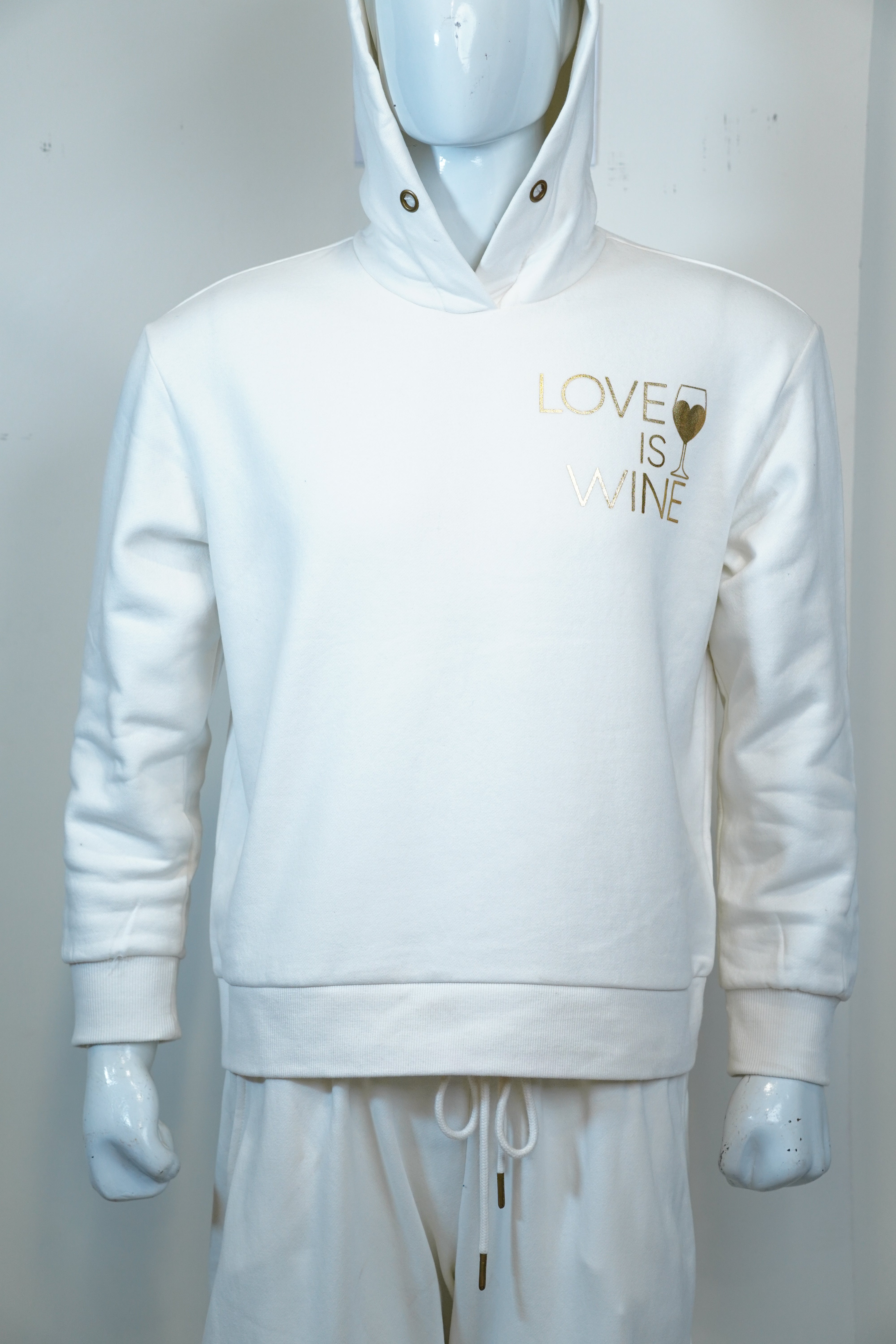 Plain White Hoodie with “Love is Wine” Pocket Print – Minimal & Trendy Style 🕊️