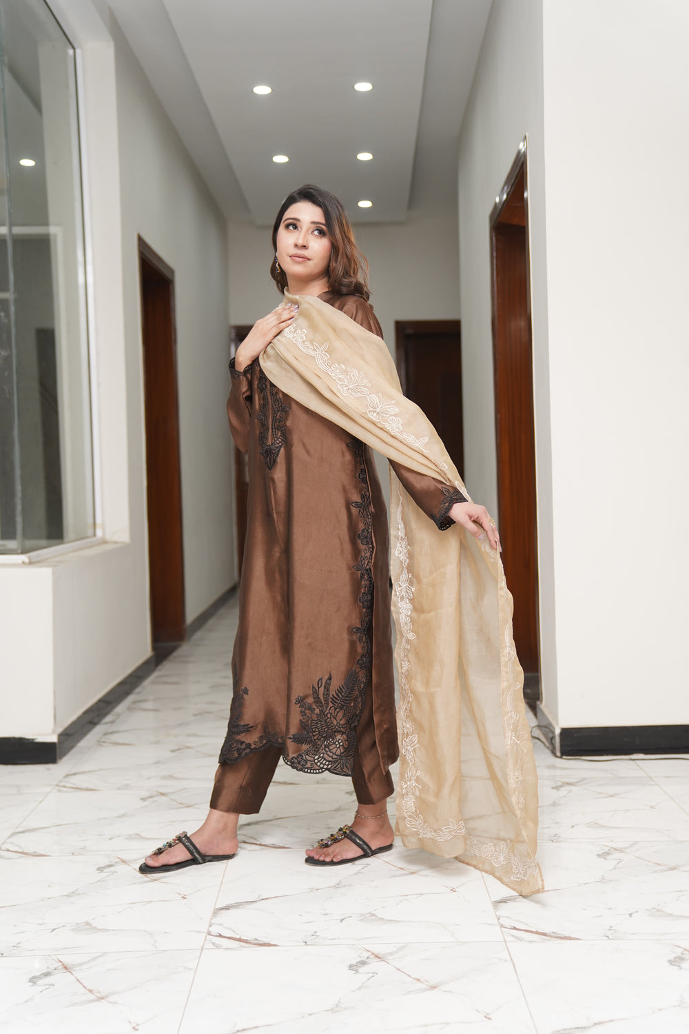 Elegant Chocolate Brown Embroidered  Suit – 3 Piece - Brands Kahani