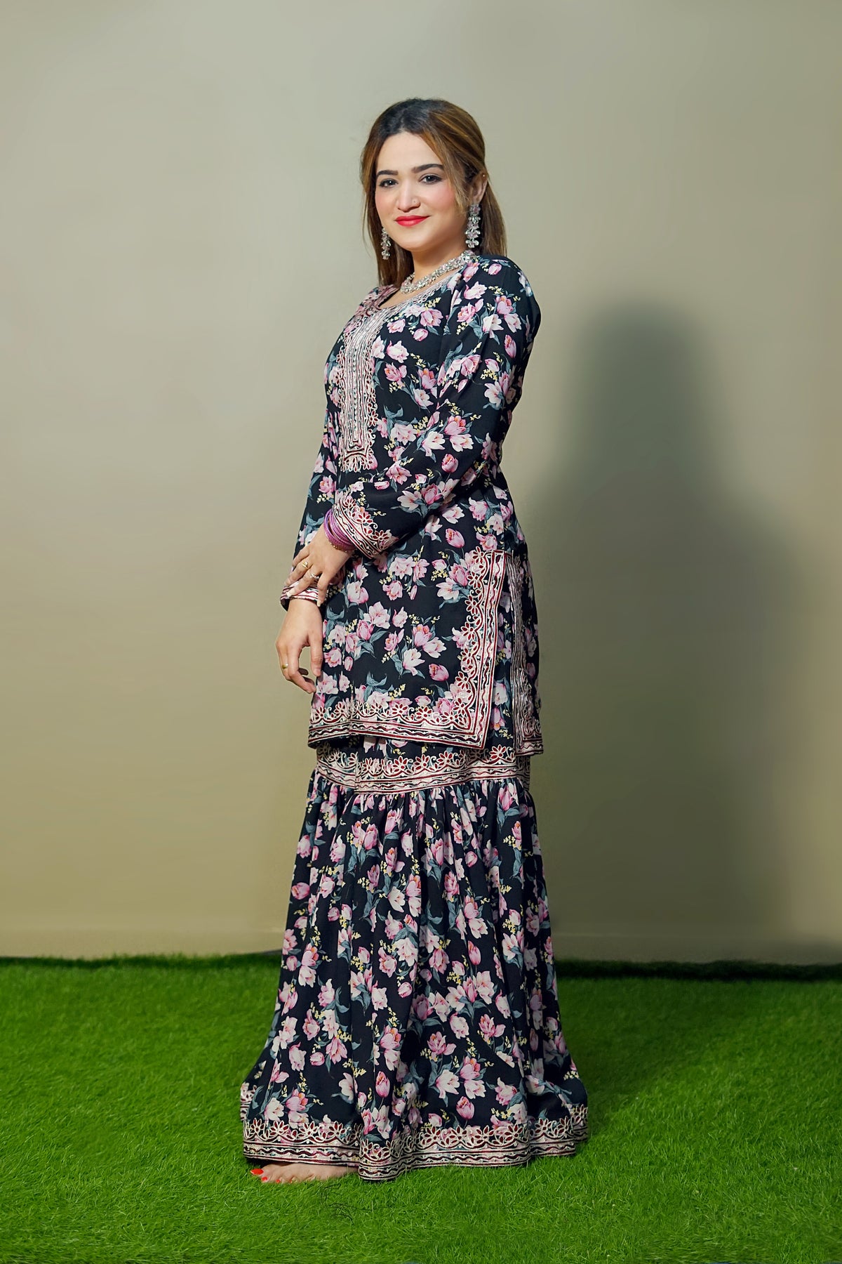 Black Floral Sharara Suit – 3 Piece Set | Women’s Party & Semi-Formal Dress – Kahani47 - Brands Kahani