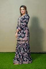 Black Floral Sharara Suit – 3 Piece Set | Women’s Party & Semi-Formal Dress – Kahani47 - Brands Kahani