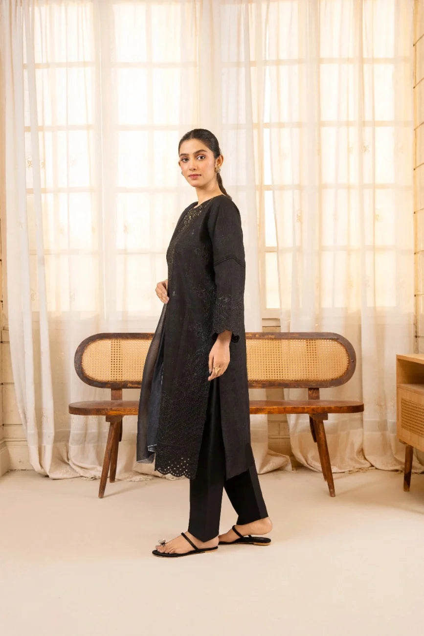 Black Dobby Cotton 3-Piece Suit Embroidered | AttirePret
