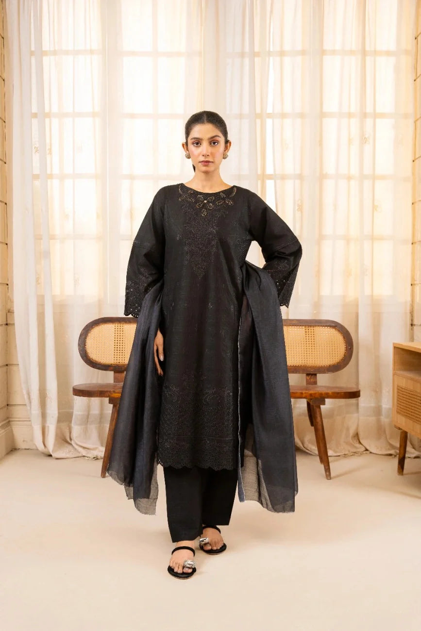 Black Dobby Cotton 3-Piece Suit Embroidered | AttirePret