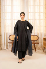 Black Dobby Cotton 3-Piece Suit Embroidered | AttirePret