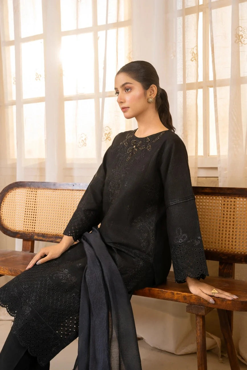 Black Dobby Cotton 3-Piece Suit Embroidered | AttirePret - Brands Kahani
