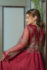 Luxury Maroon Silk Anarkali Dress with Embroidered Net Dupatta | Wedding & Party Wear – Kahani47 - Brands Kahani