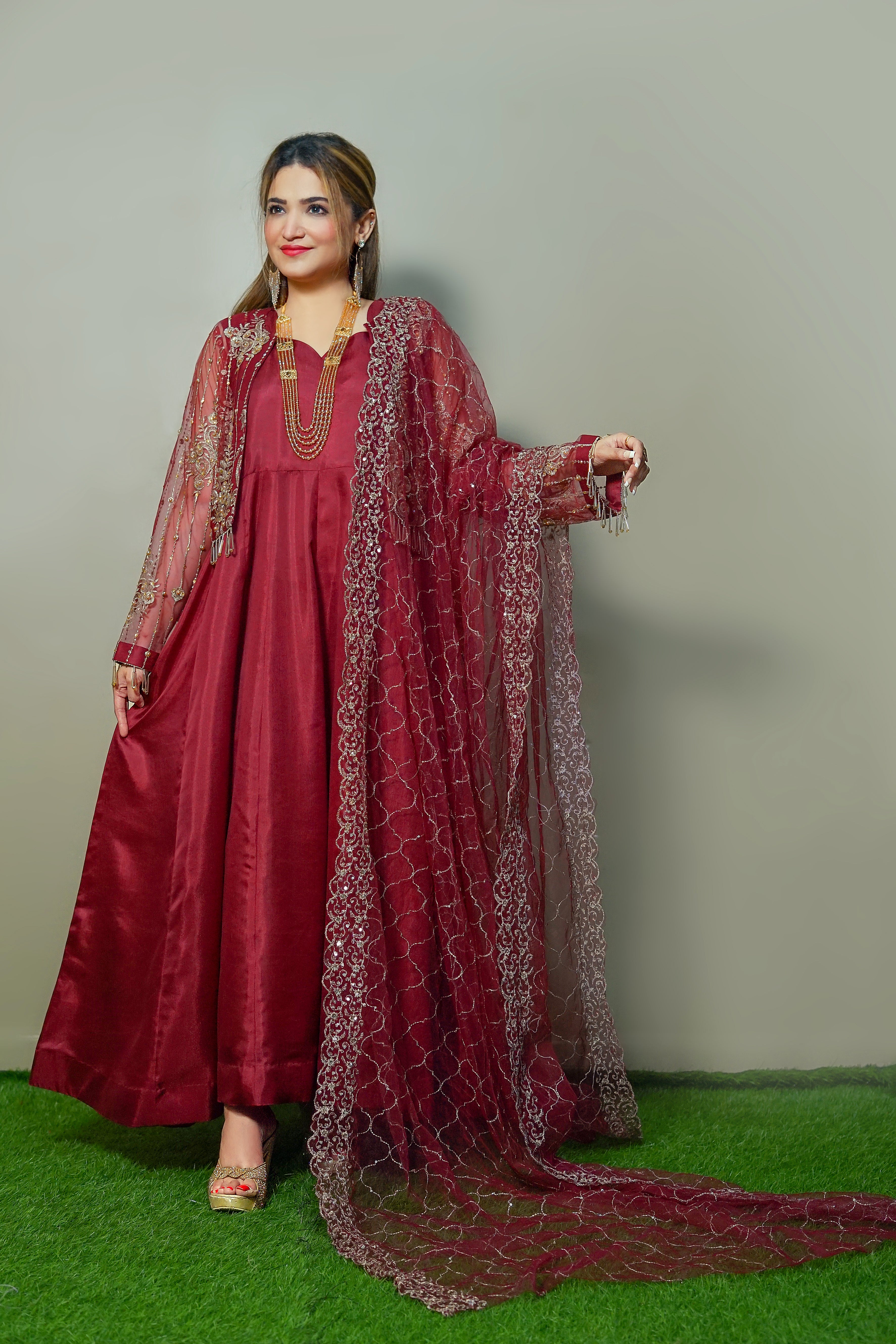 Luxury Maroon Silk Anarkali Dress with Embroidered Net Dupatta | Wedding & Party Wear – Kahani47 - Brands Kahani