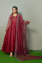 Luxury Maroon Silk Anarkali Dress with Embroidered Net Dupatta | Wedding & Party Wear – Kahani47 - Brands Kahani