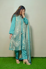 3-Piece Open Shirt Frock Set – Sea Green - Brands Kahani