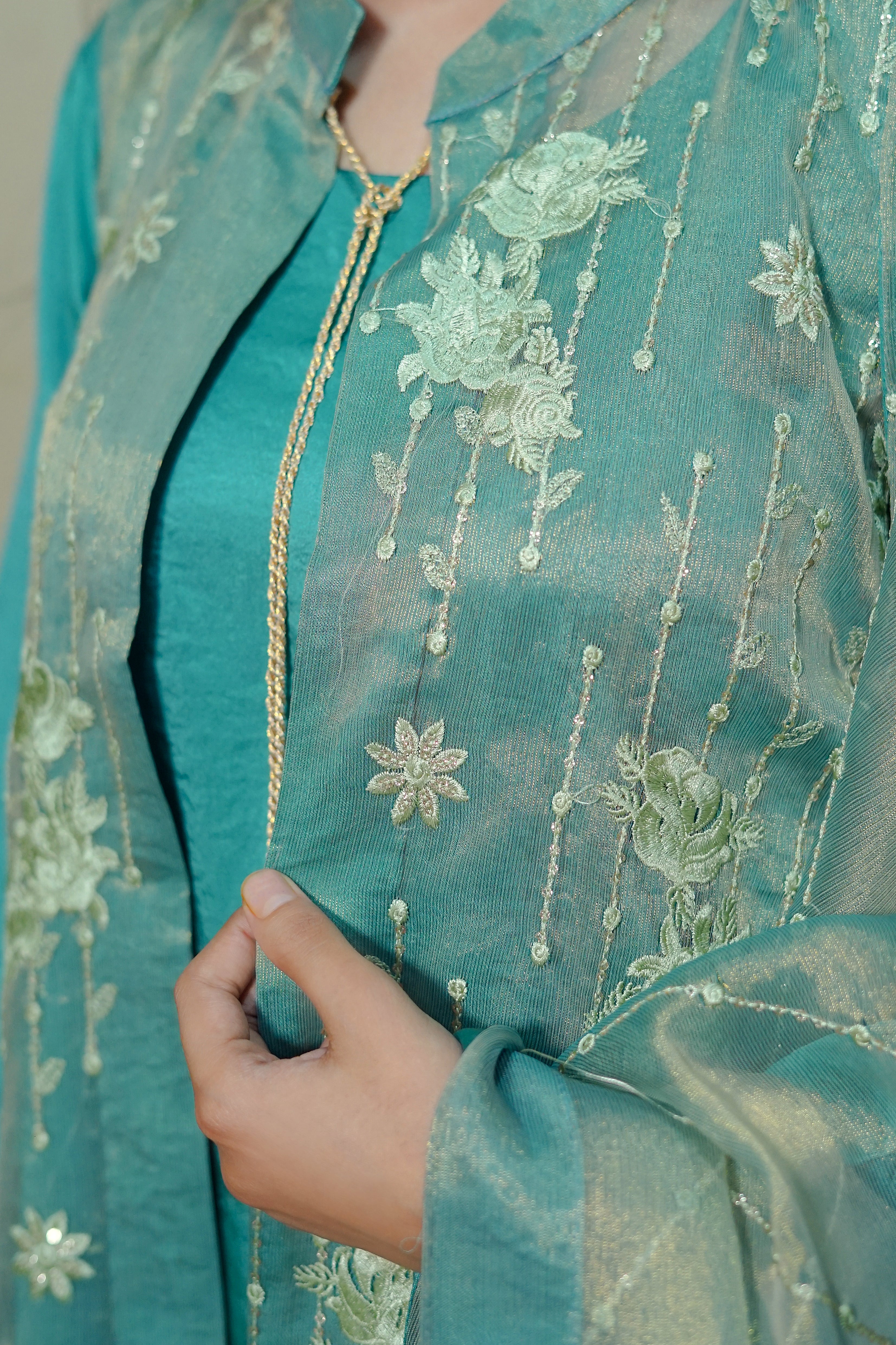 3-Piece Open Shirt Frock Set – Sea Green - Brands Kahani