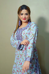 Sky Blue Floral Sharara Suit – 3 Piece Set | Women’s Semi-Formal Dress – Kahani47 - Brands Kahani