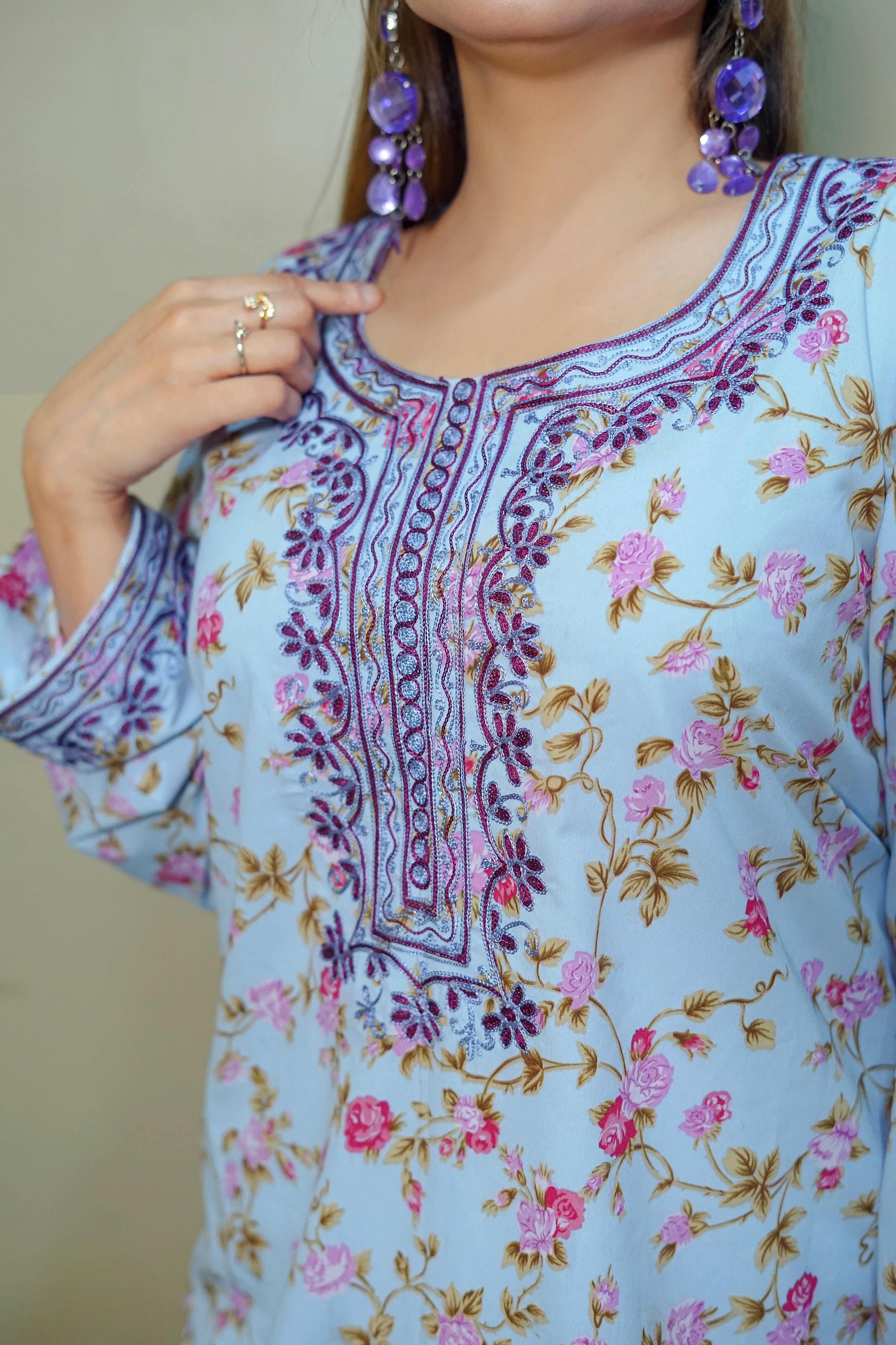 Sky Blue Floral Sharara Suit – 3 Piece Set | Women’s Semi-Formal Dress – Kahani47 - Brands Kahani