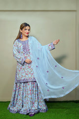 Sky Blue Floral Sharara Suit – 3 Piece Set | Women’s Semi-Formal Dress – Kahani47 - Brands Kahani