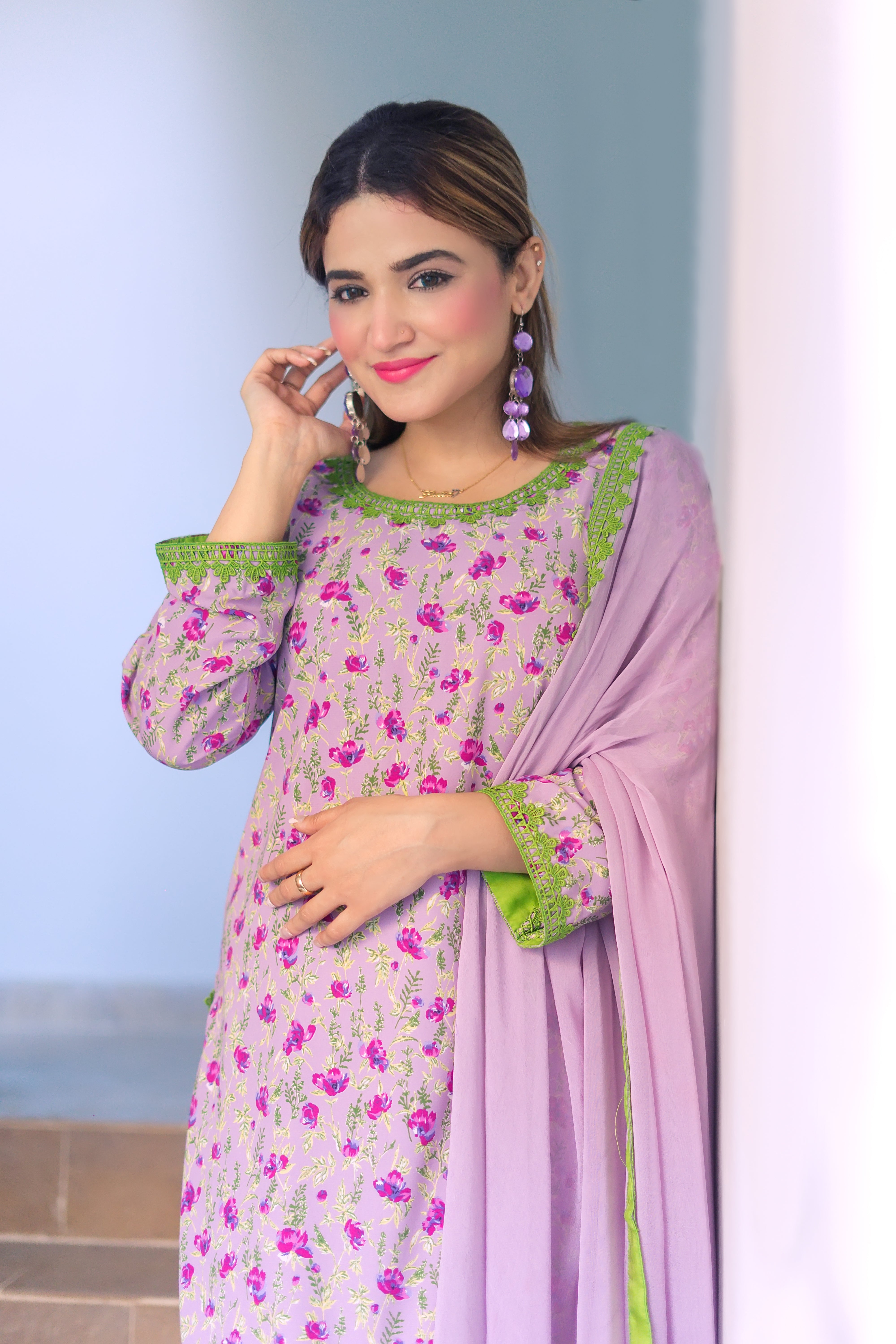 Light Purple Floral Sharara Suit – 3 Piece Set | Elegant Women’s Party Wear – Kahani47 - Brands Kahani