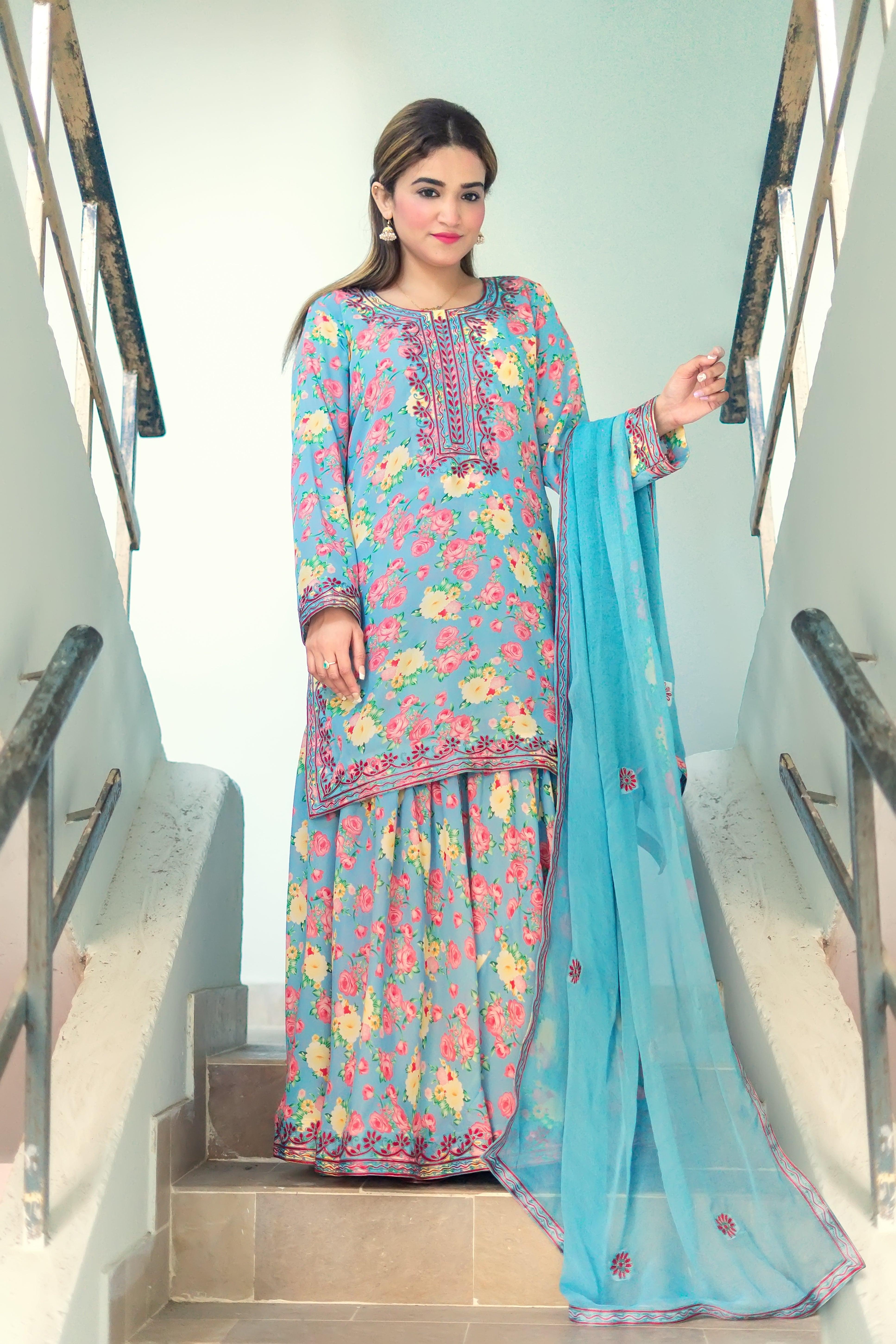 Gray Mehroon Floral Sharara Suit – 3 Piece Set - Brands Kahani