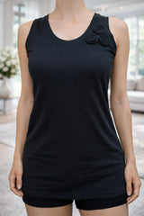Women’s Solid Sleeveless Camisole – Soft Cotton Tank Top with Floral Shoulder Detail
