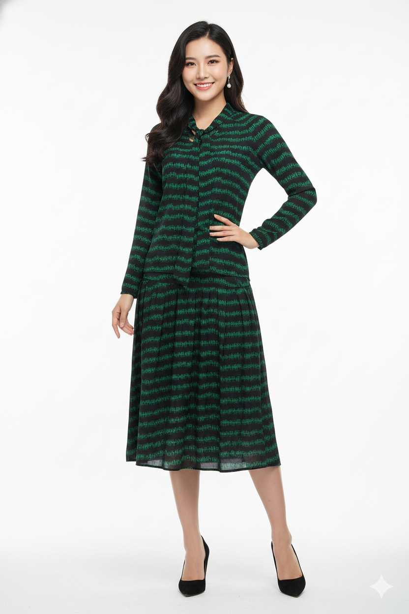 Green Printed Pair Shirt and Skirt