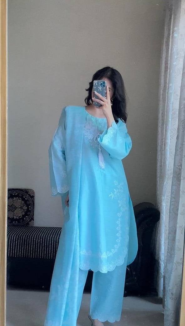 Attirepret Sky Blue Cotton 3-Piece Suit | Summer Essential - Brands Kahani