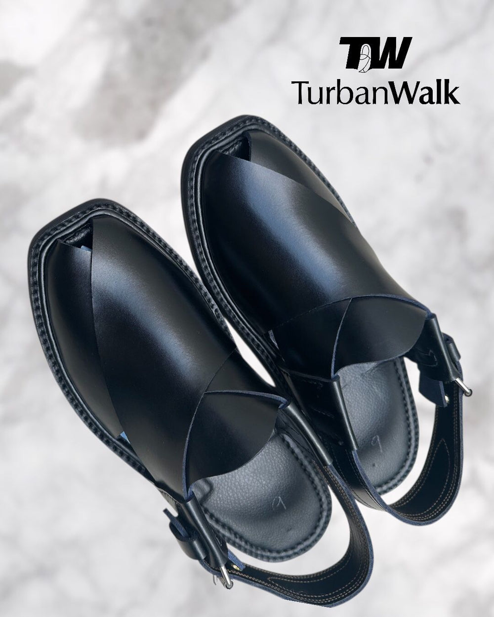 TurbanWalk Classic Black Peshawari Chappal – Handcrafted Leather with Adjustable Heel Strap - Brands Kahani