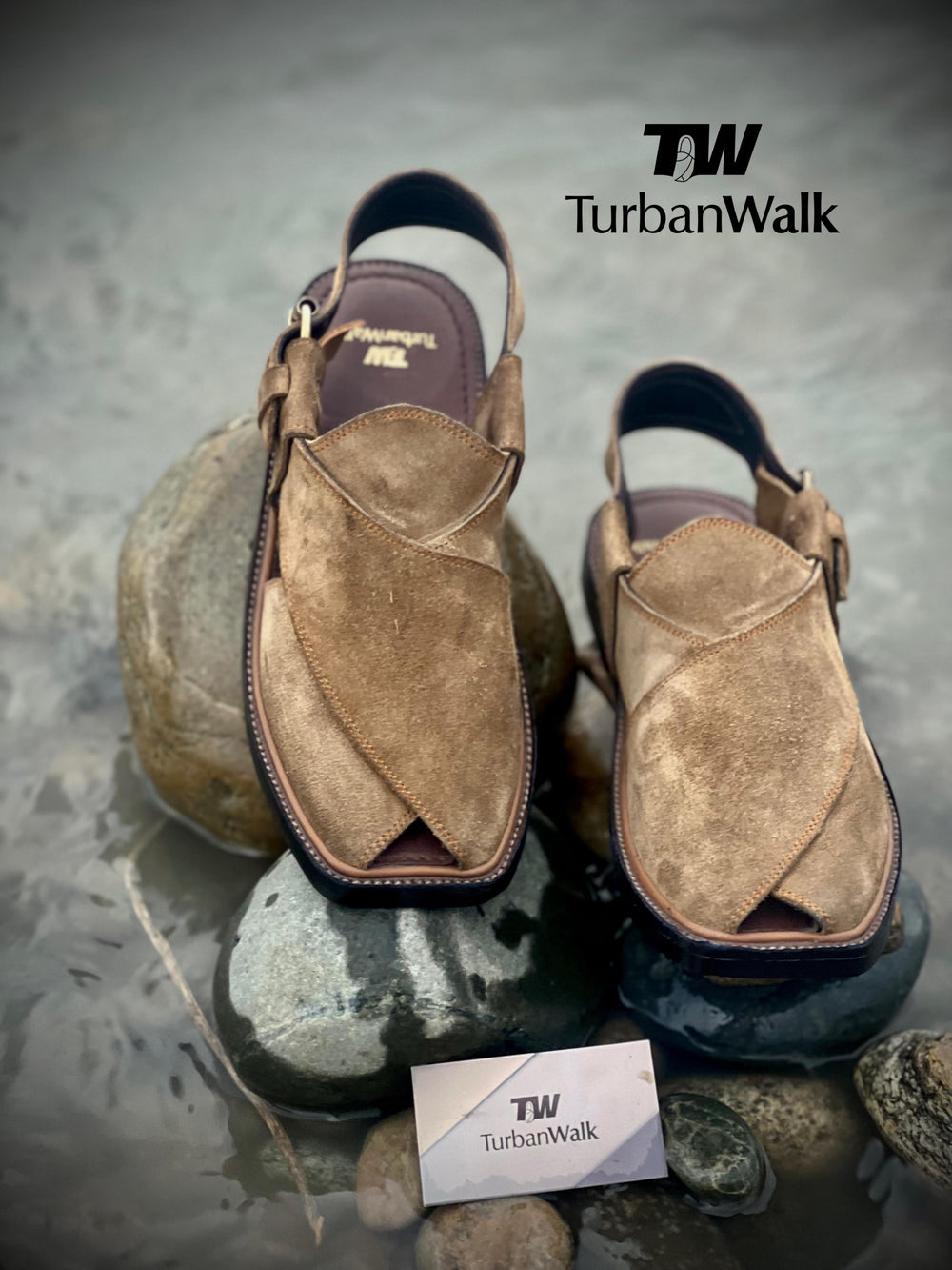TurbanWalk Tan Suede Peshawari Chappal – Handmade with Adjustable Buckle Strap - Brands Kahani